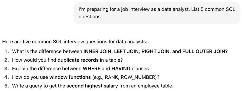Screenshot of a prompt asking AI: “I’m preparing for a job interview as a data analyst. List 5 common SQL questions.” with the AI response showing the full plan.