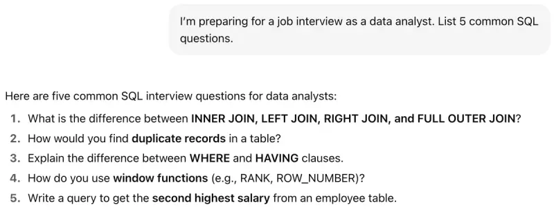 Screenshot of a prompt asking AI: “I’m preparing for a job interview as a data analyst. List 5 common SQL questions.” with the AI response showing the full plan.