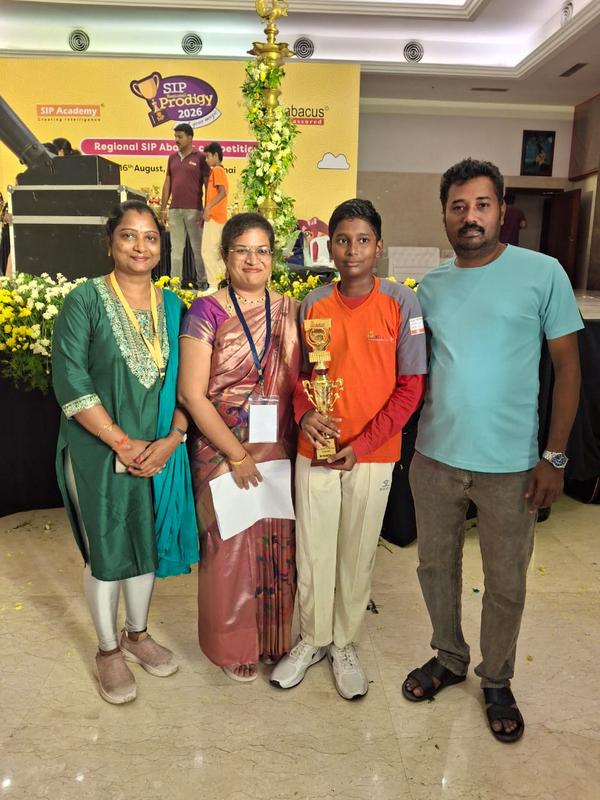 Students from Adyar and Mylapore with their competition awards.