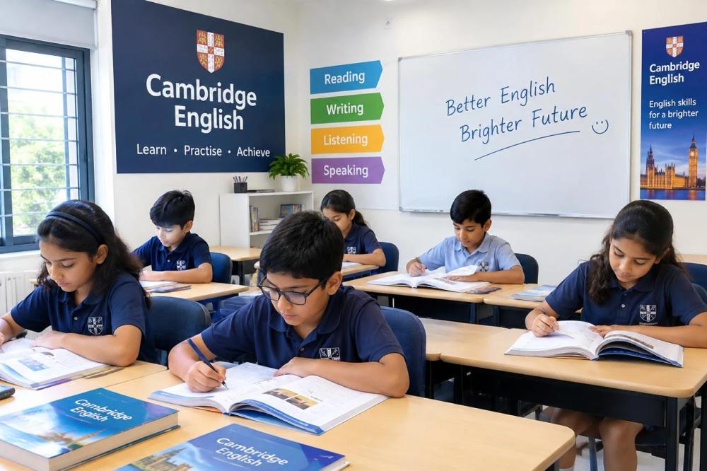 Cambridge English classroom with reading, writing, listening and speaking skills on display
