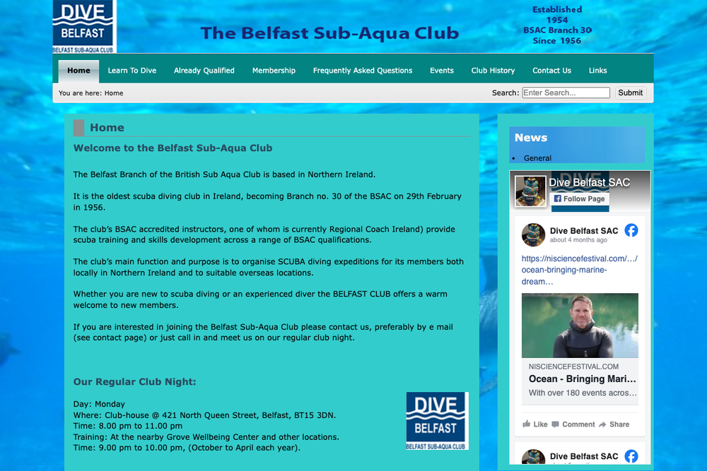 Website screenshot of Belfast Sub-Aqua Club,
