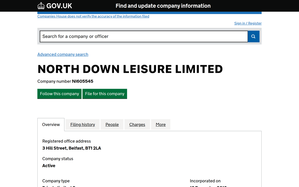 Website screenshot of NORTH DOWN LEISURE LTD
