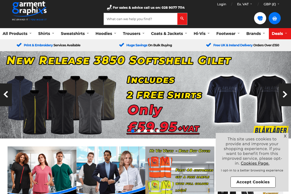 Website screenshot of Garment Graphixs & the Workwear Warehouse