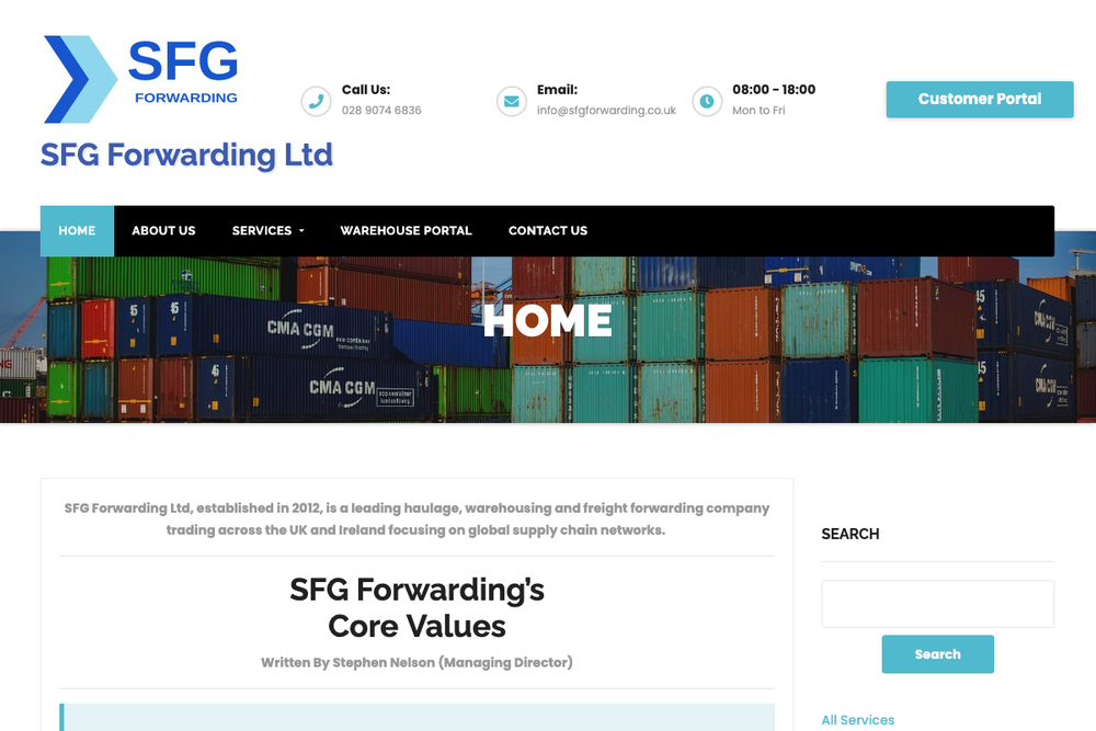 Website screenshot of Surefreight Global Forwarding