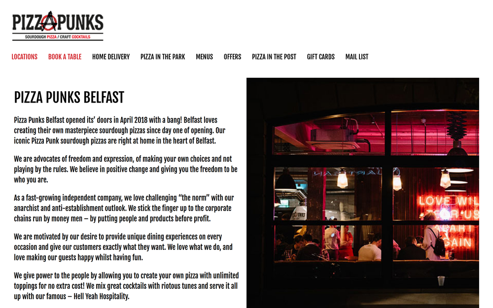 Website screenshot of Pizza Punks Belfast