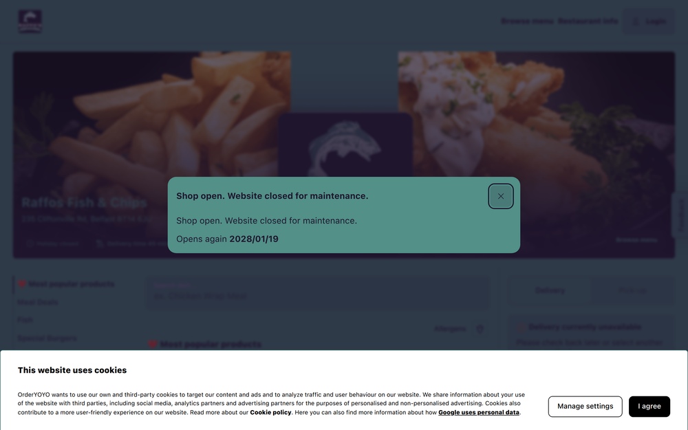 Website screenshot of Raffos Fish & Chips