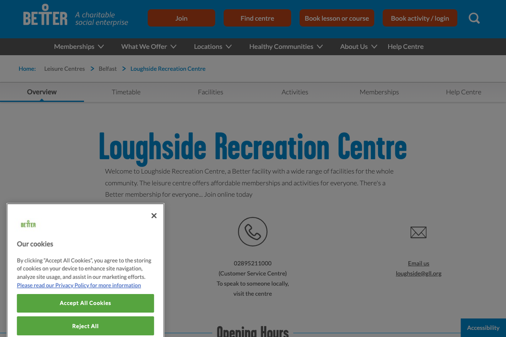 Website screenshot of Loughside Recreation Centre