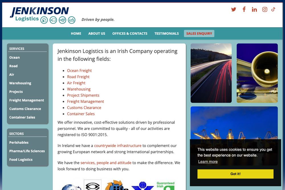 Website screenshot of Jenkinson Logistics