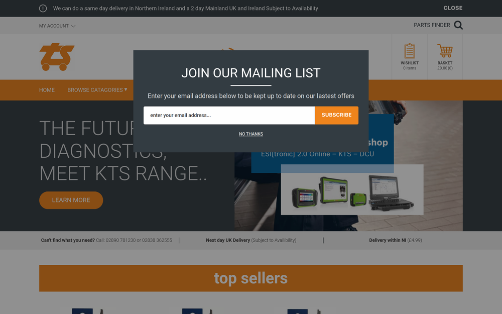 Website screenshot of Transport Supplies (N.I) Ltd