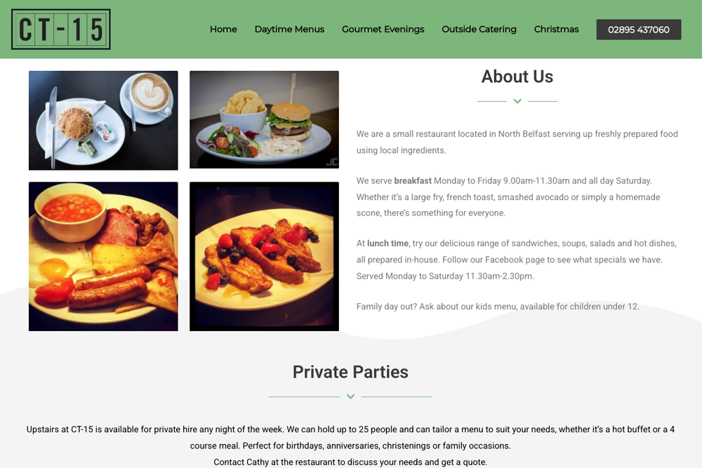 Website screenshot of CT15 Cafe Bistro