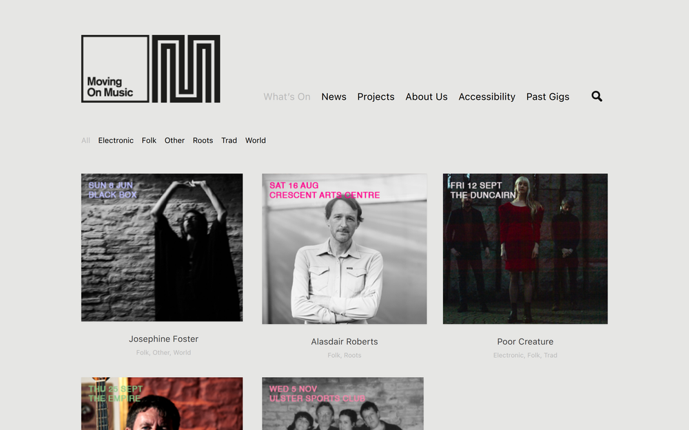 Website screenshot of Moving On Music