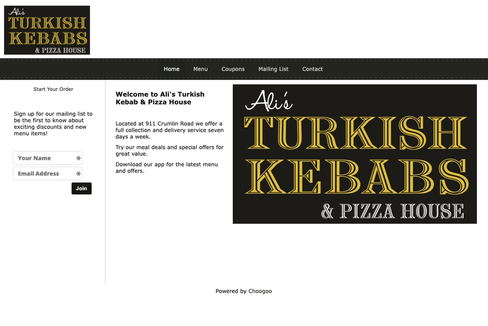 Website screenshot of Ali's Turkish Kebab Pizza House