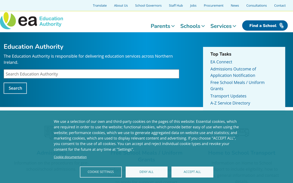 Website screenshot of Education Authority