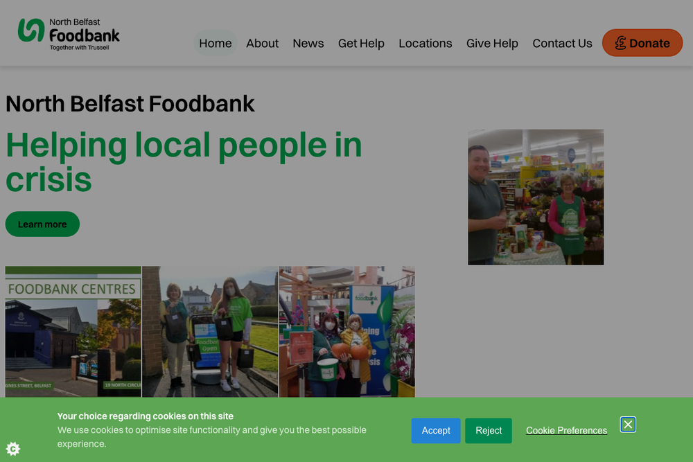 Website screenshot of North Belfast Foodbank (Ekenhead Halls Centre)