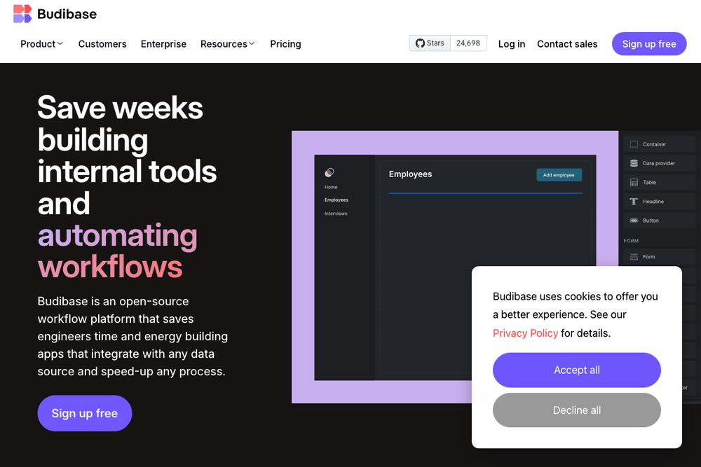 Website screenshot of Budibase