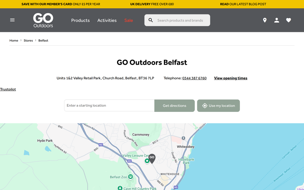 Website screenshot of GO Outdoors