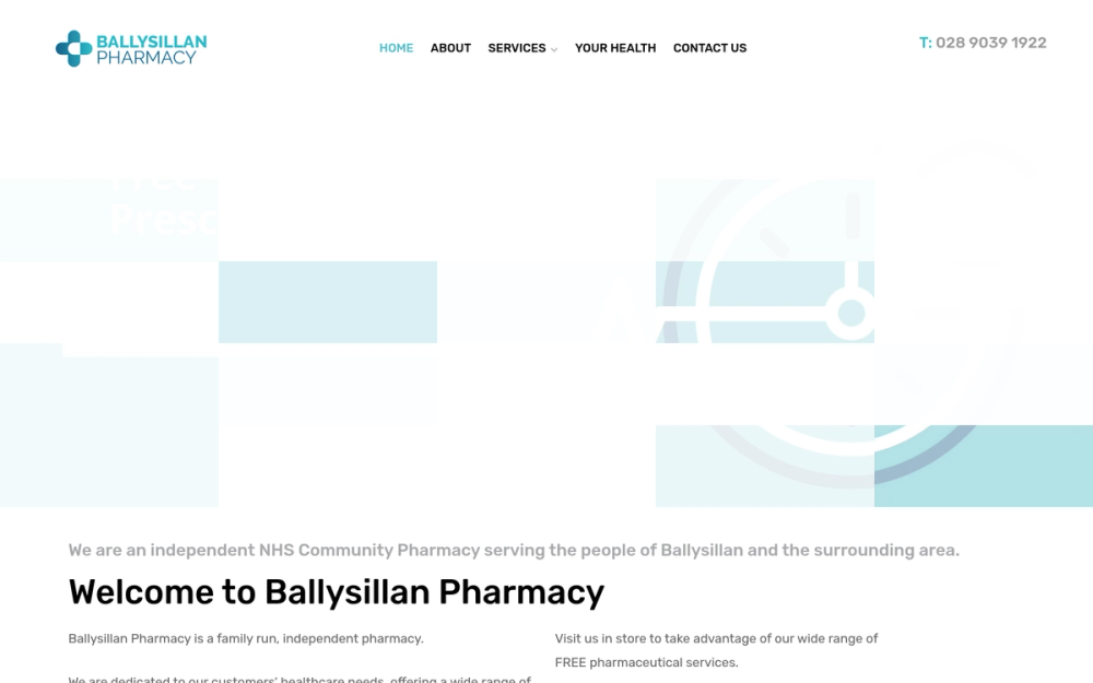 Website screenshot of BALLYSILLAN PHARMACY