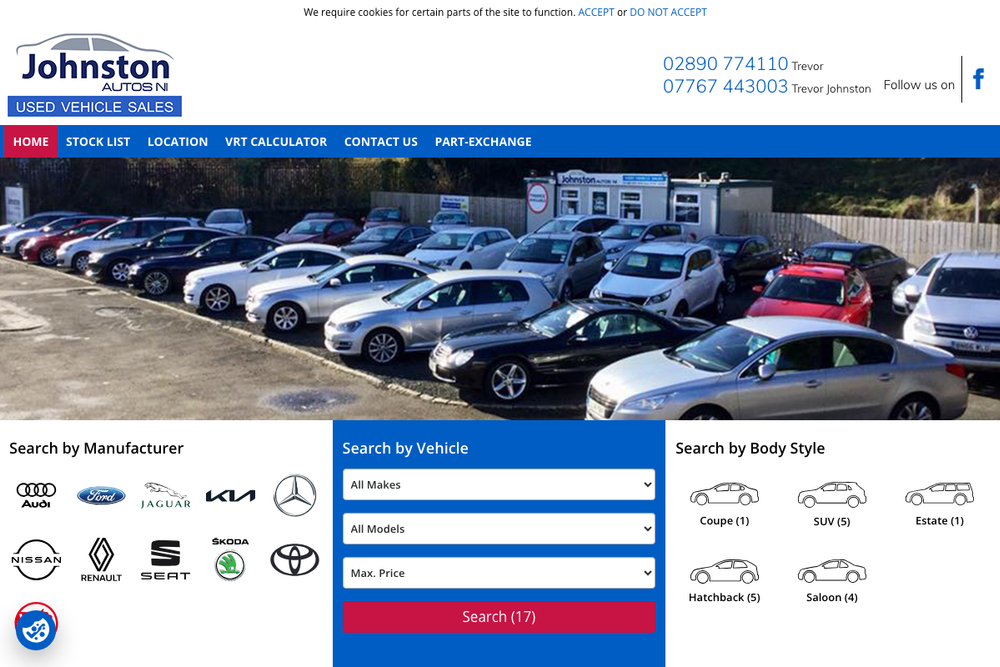 Website screenshot of Johnston Autos NI