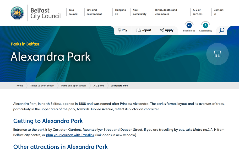 Website screenshot of Alexandra Park