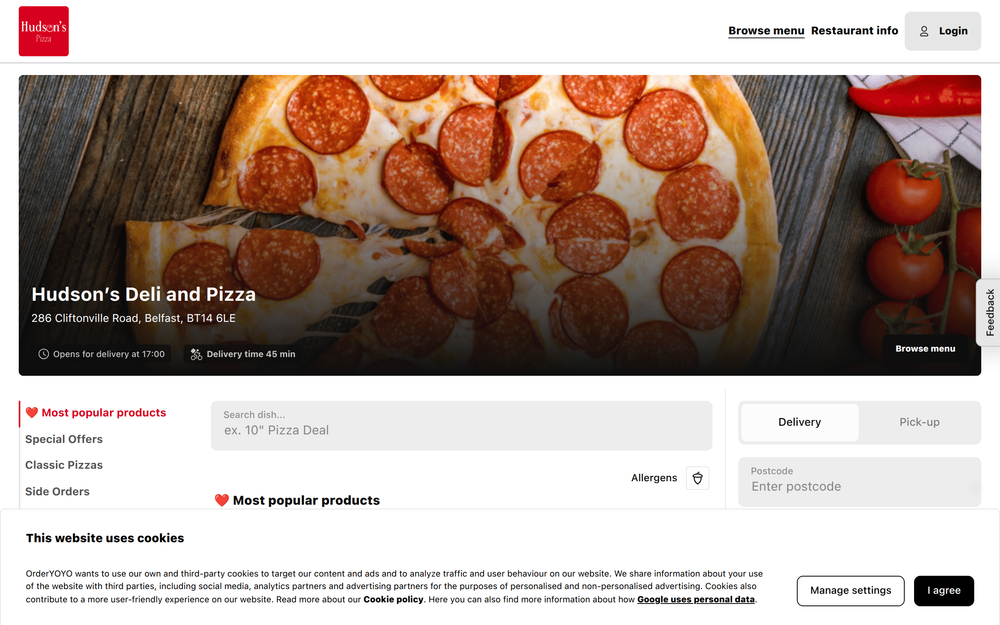 Website screenshot of Hudson's Pizza & Deli