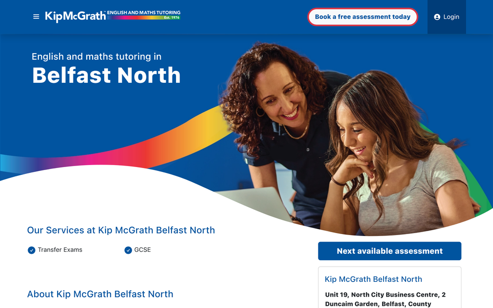 Website screenshot of Kip McGrath Belfast North Education Centre