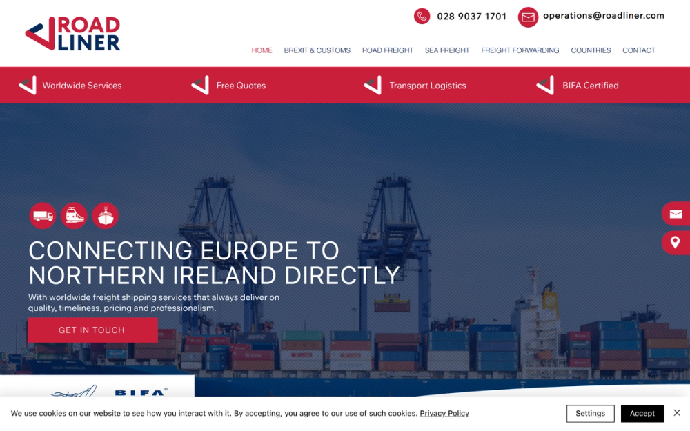 Website screenshot of Roadliner International