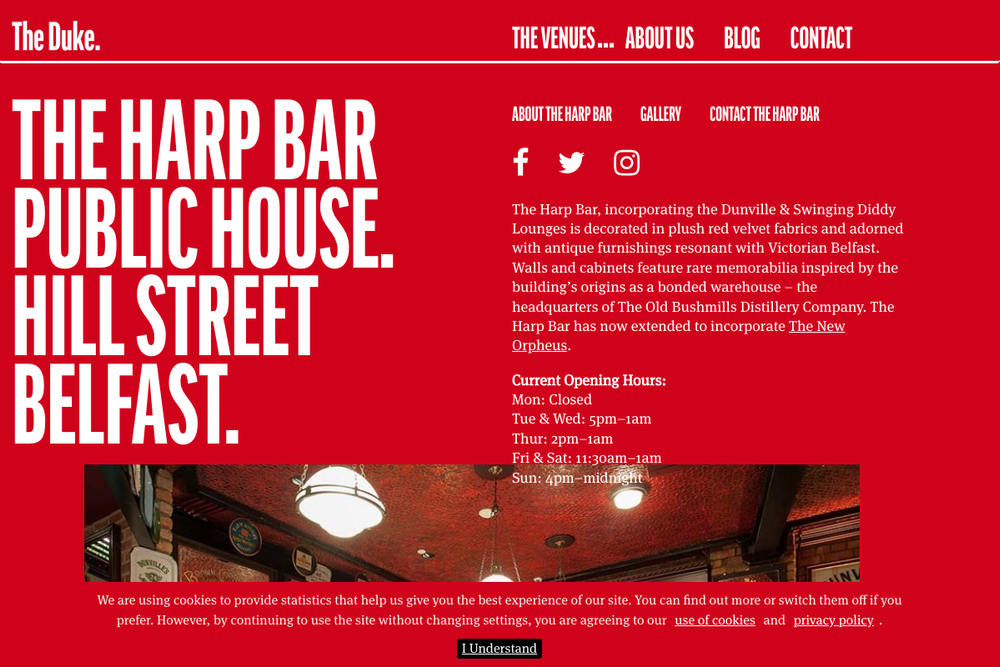 Website screenshot of Harp Bar