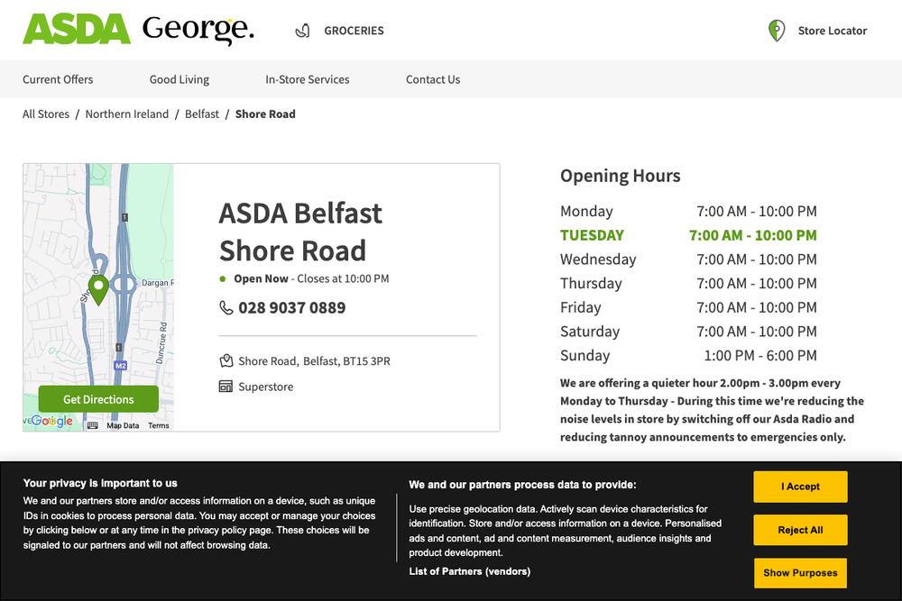 Website screenshot of Asda Belfast Shore Road Superstore
