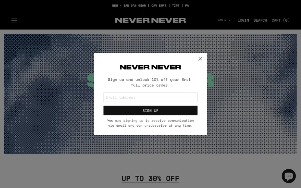 Website screenshot of NEVER NEVER