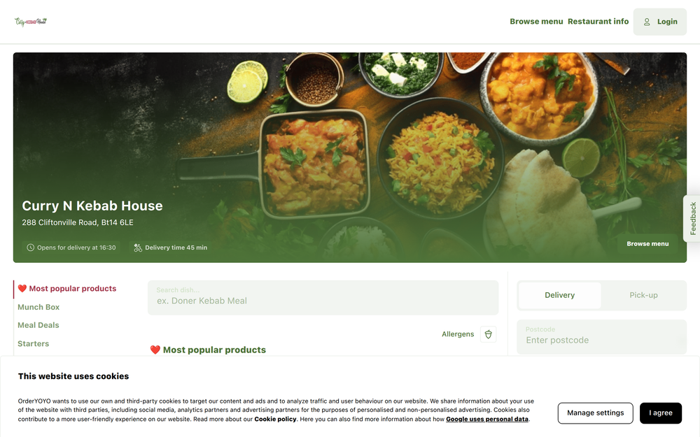 Website screenshot of Currys 'n' Kebab Cliftonville