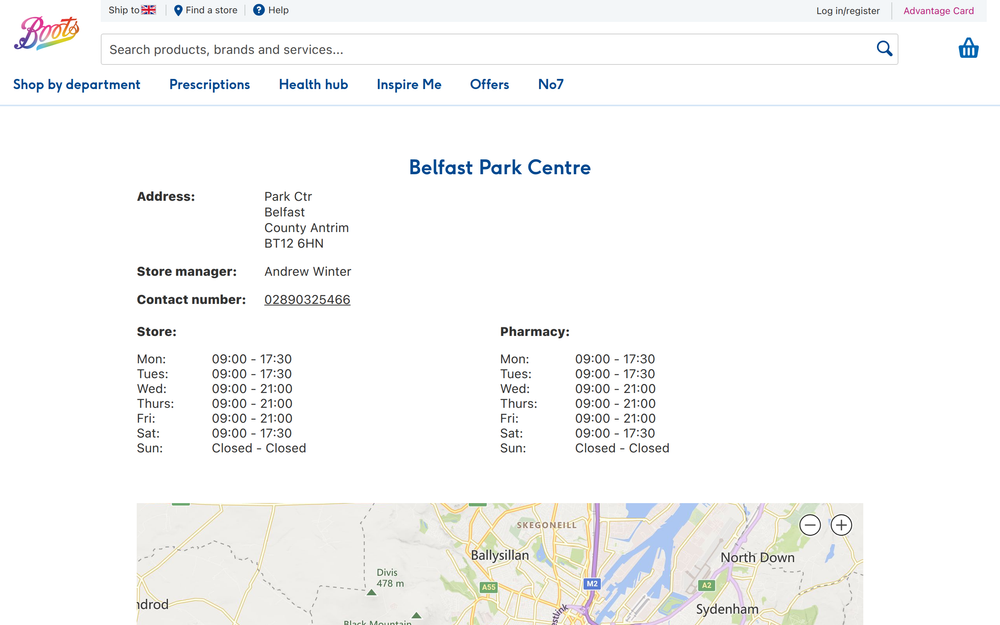 Website screenshot of Boots Pharmacy