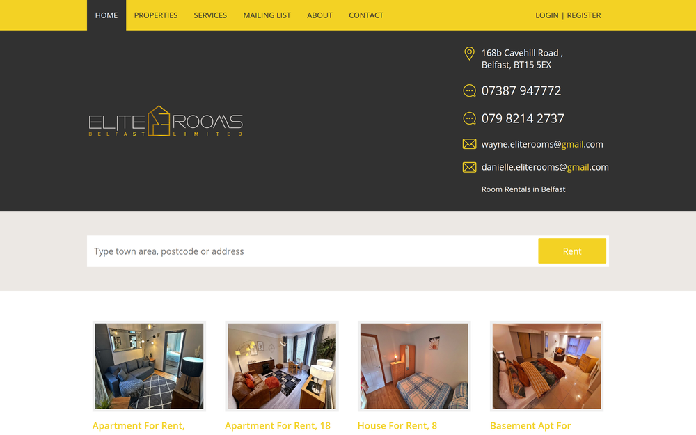 Website screenshot of Elite Rooms Belfast Ltd