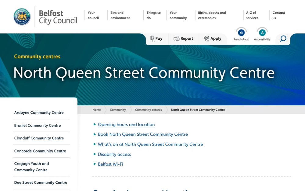 Website screenshot of North Queen Street Community Centre