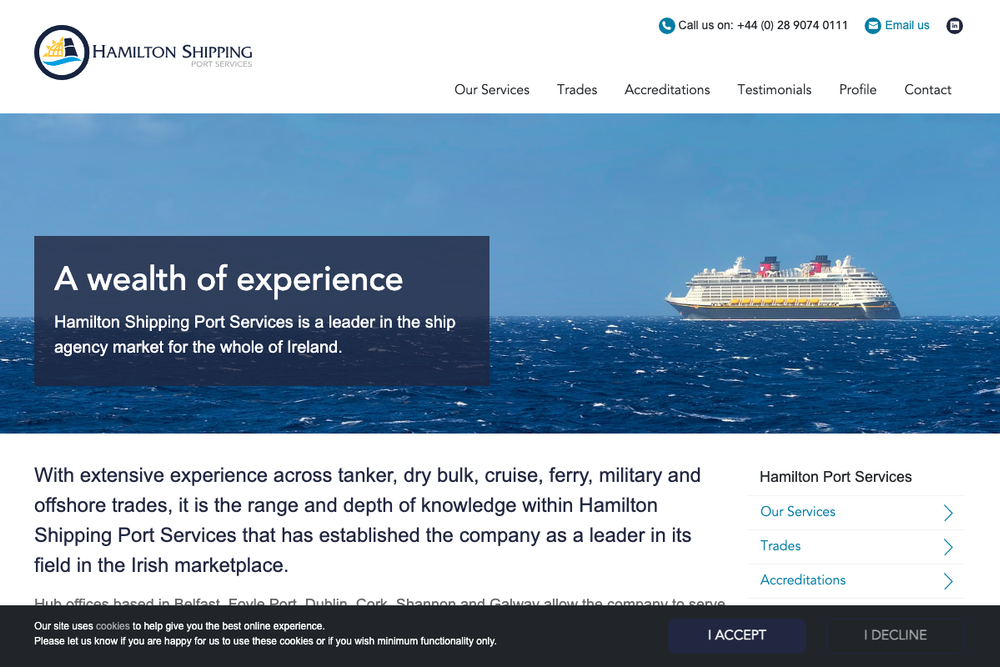 Website screenshot of Hamilton Shipping (Port Services) Limited