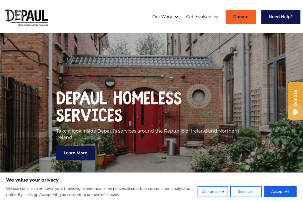 Website screenshot of Depaul - Belfast Regional Office