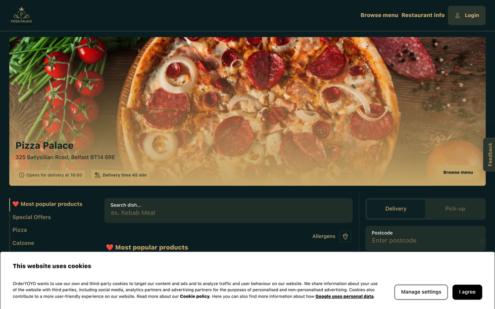 Website screenshot of Pizza Palace