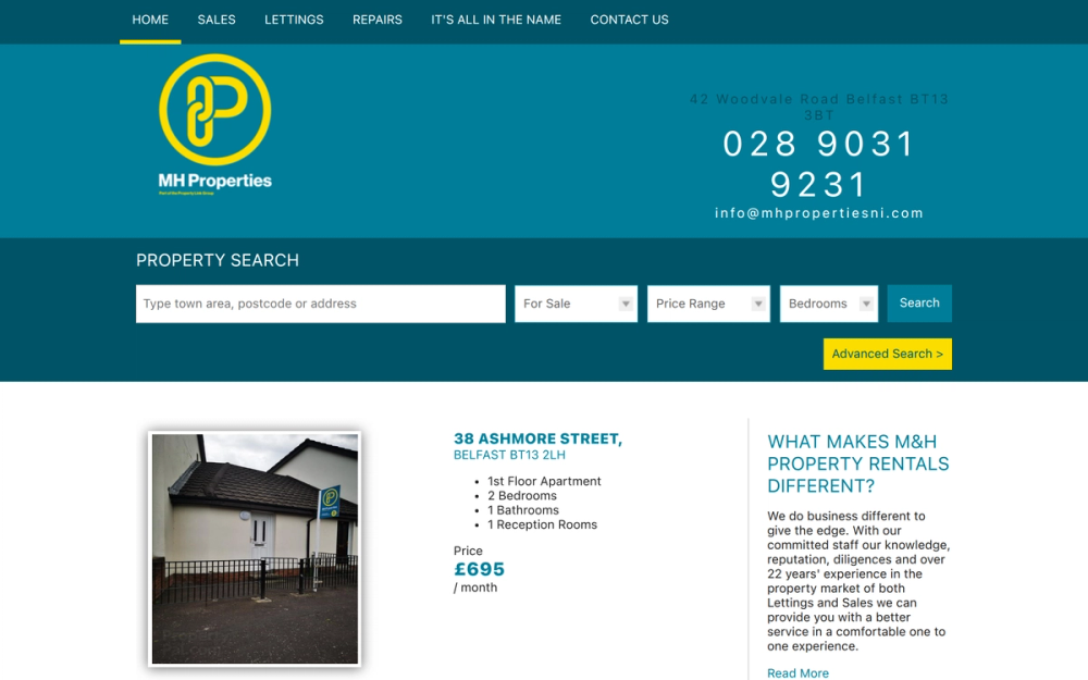 Website screenshot of M & H Property Rental