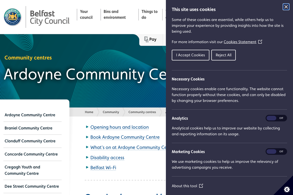 Website screenshot of Ardoyne Community Centre