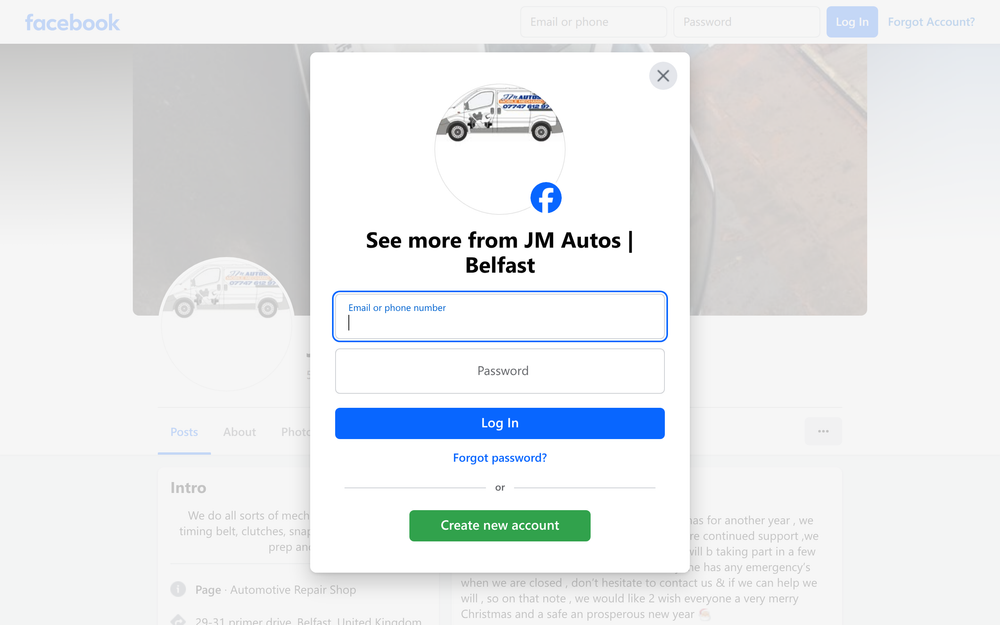 Website screenshot of JM Autos