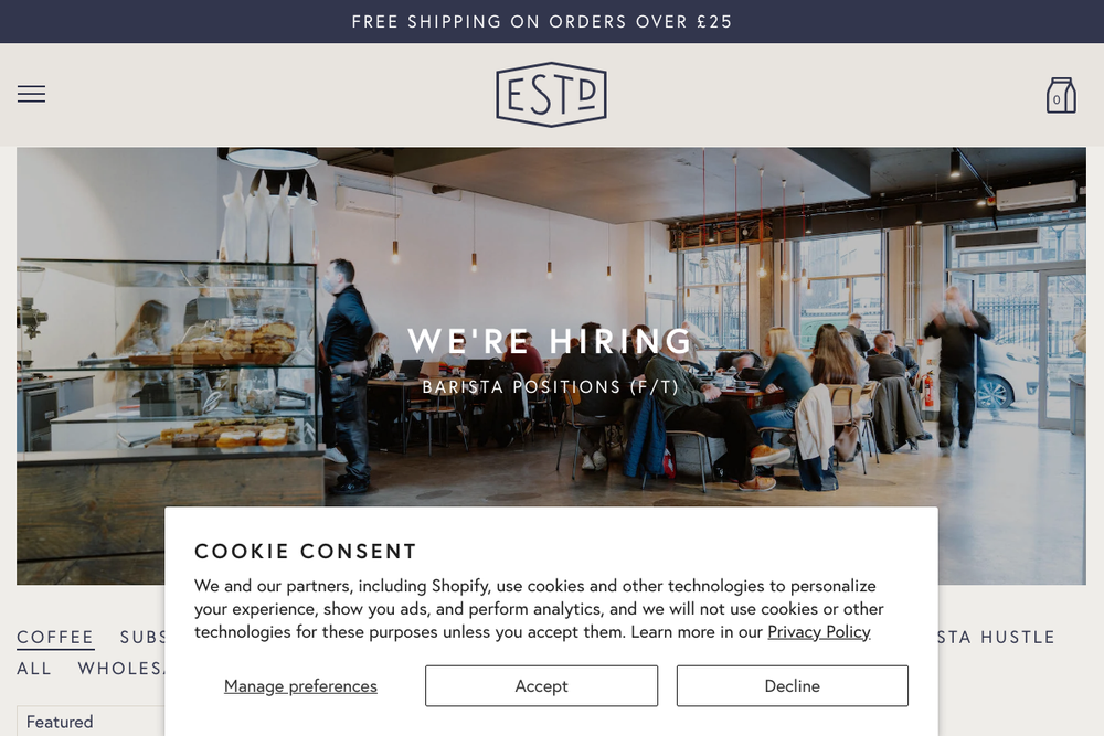 Website screenshot of Established Coffee