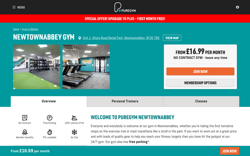 Website screenshot of PureGym Newtownabbey