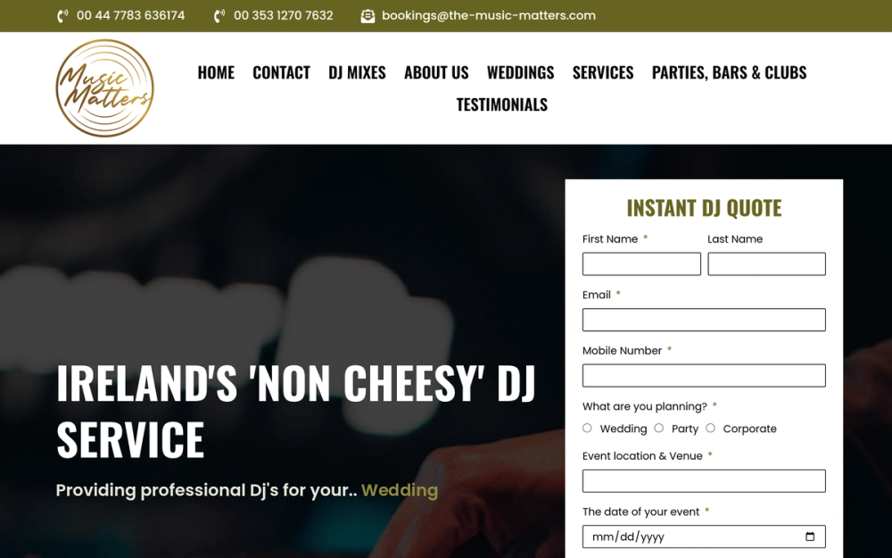 Website screenshot of Music Matters- Boutique Wedding Dj