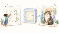 A creator draws a rough cat sketch that passes through a transformation frame and becomes a polished illustrated cat portrait
