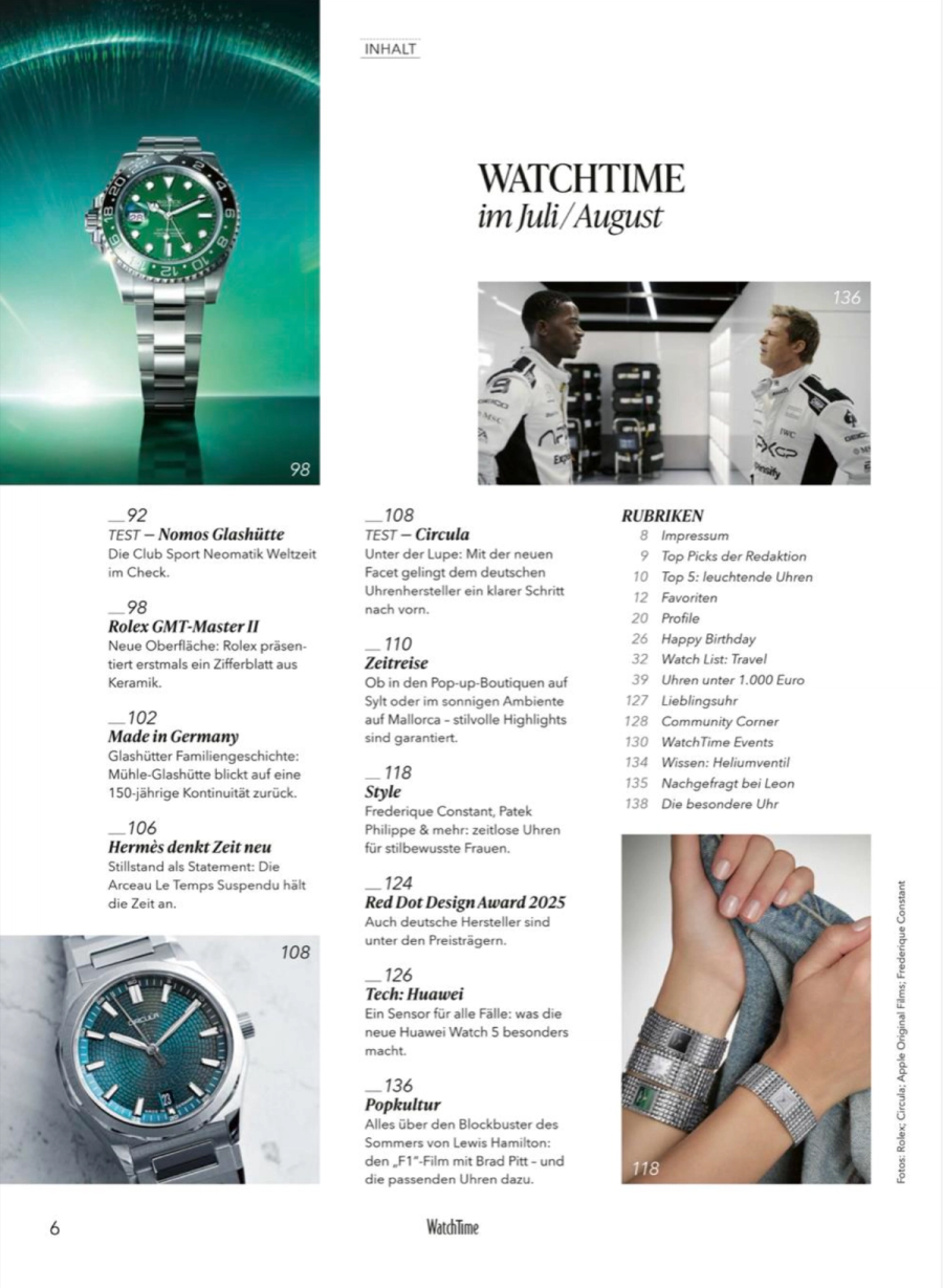 Frederique Constant featured in WatchTime, Juli / August 2025