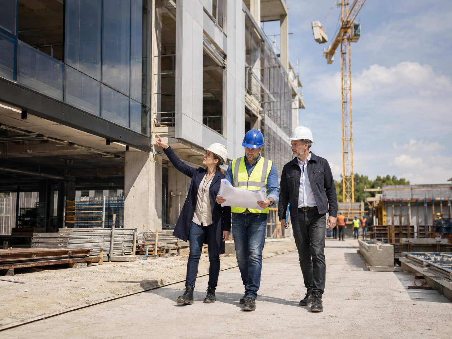 Drei Fachleute besprechen eine Fassade auf einer aktiven Baustelle.
