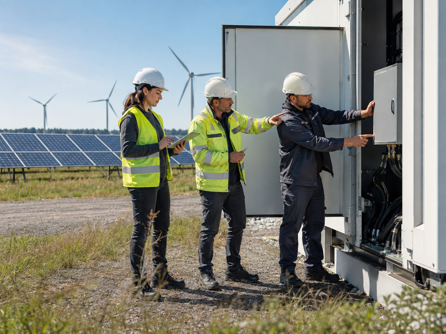 Drei Fachleute prüfen eine technische Anlage zwischen Solarmodulen und Windrädern.