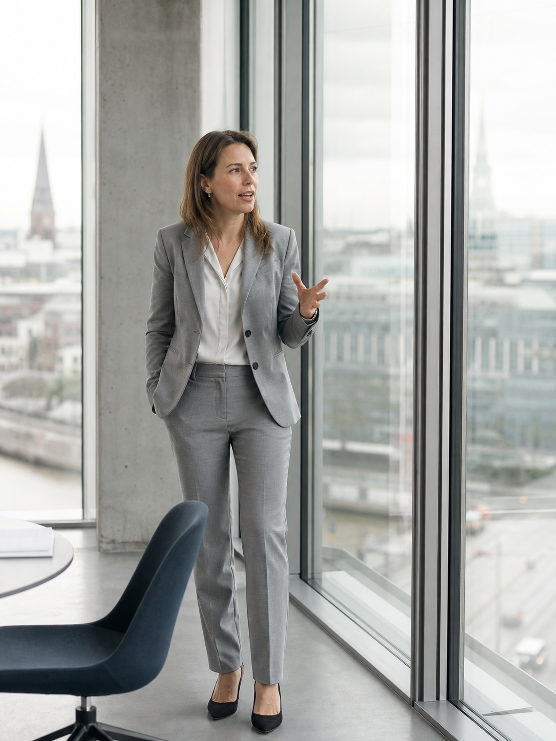 Clara Weiss im Gespräch am Bürofenster