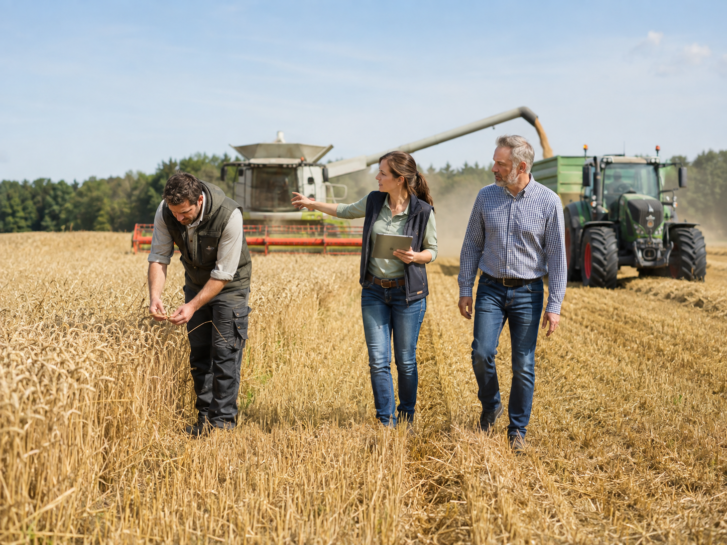 Drei Fachleute prüfen Getreide während der Ernte auf einem hellen Feld.