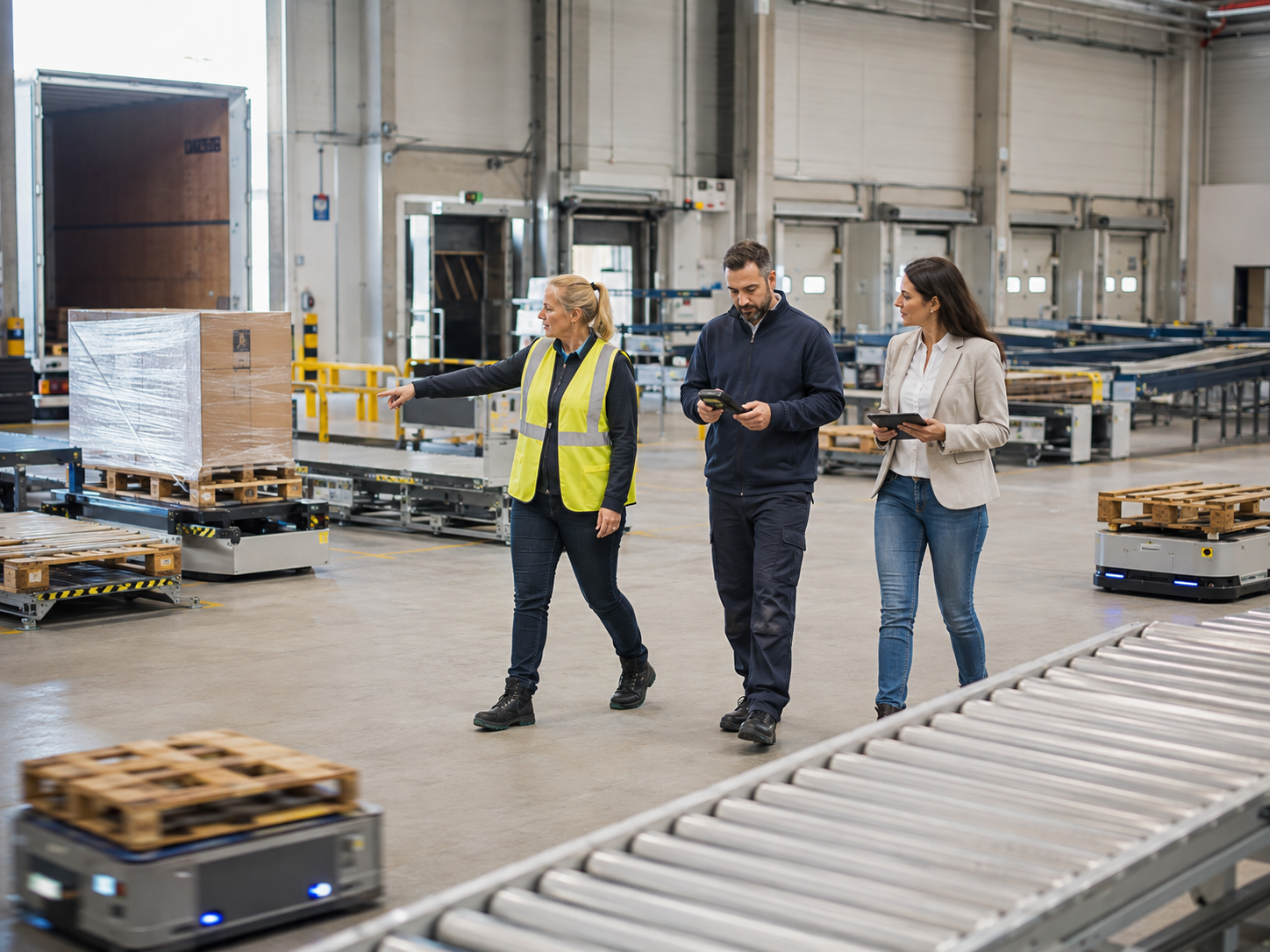 Drei Fachleute begleiten einen automatisierten Warenfluss in einem modernen Logistikzentrum.