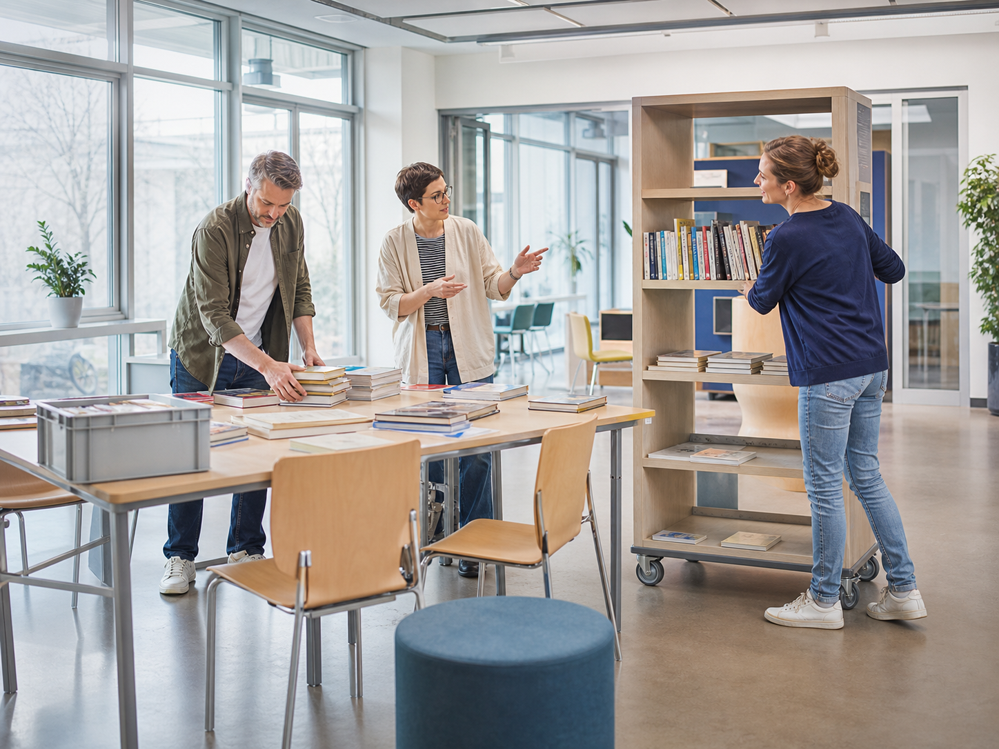 Drei Fachleute bereiten gemeinsam einen Workshop in einem hellen Lernzentrum vor.
